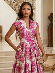 A-Line Floral Jacquard V-Neck Mother of the Bride & Groom Dresses Floor-Length Evening Gowns with Pockets