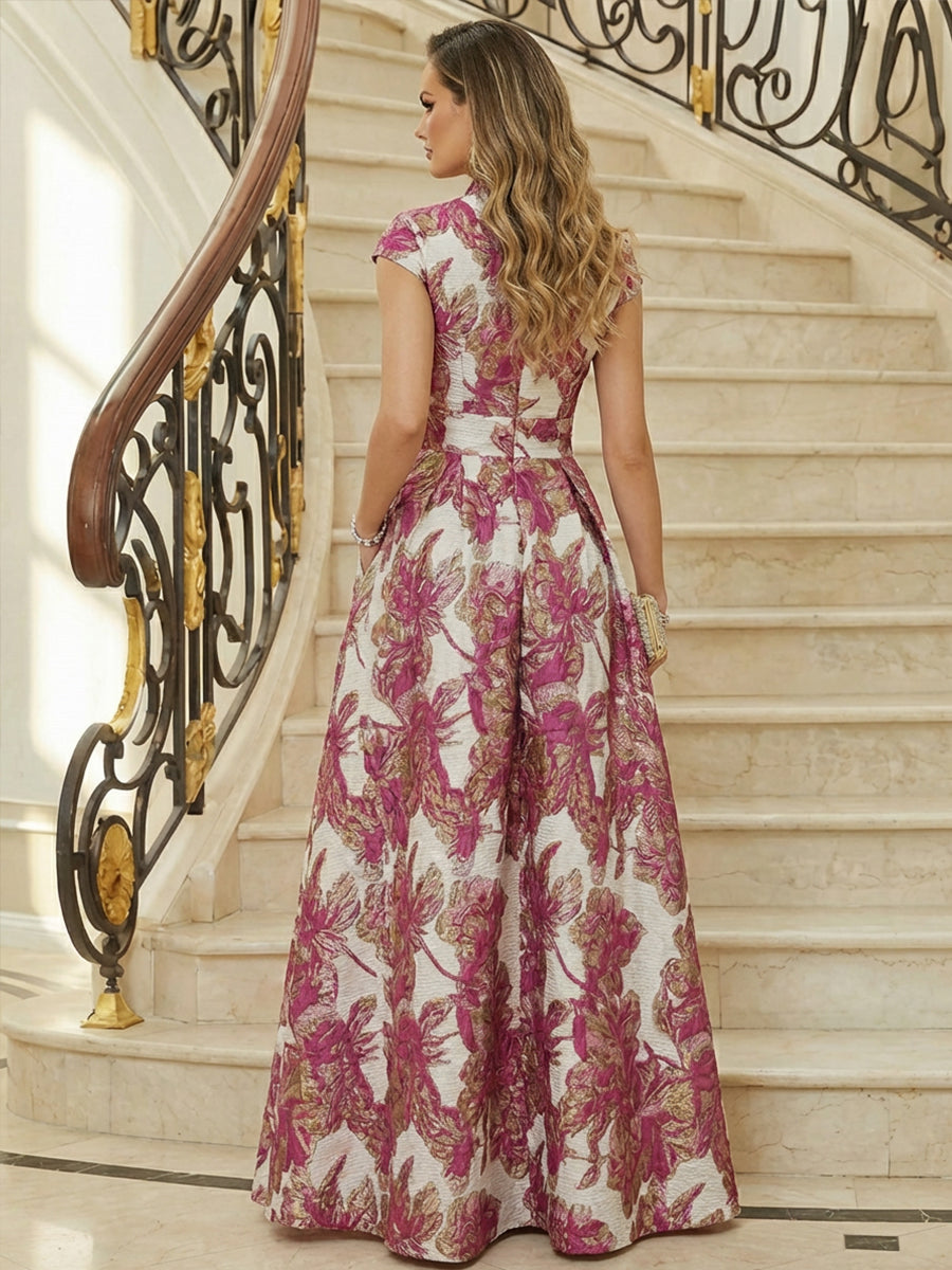 A-Line Floral Jacquard V-Neck Mother of the Bride & Groom Dresses Floor-Length Evening Gowns with Pockets
