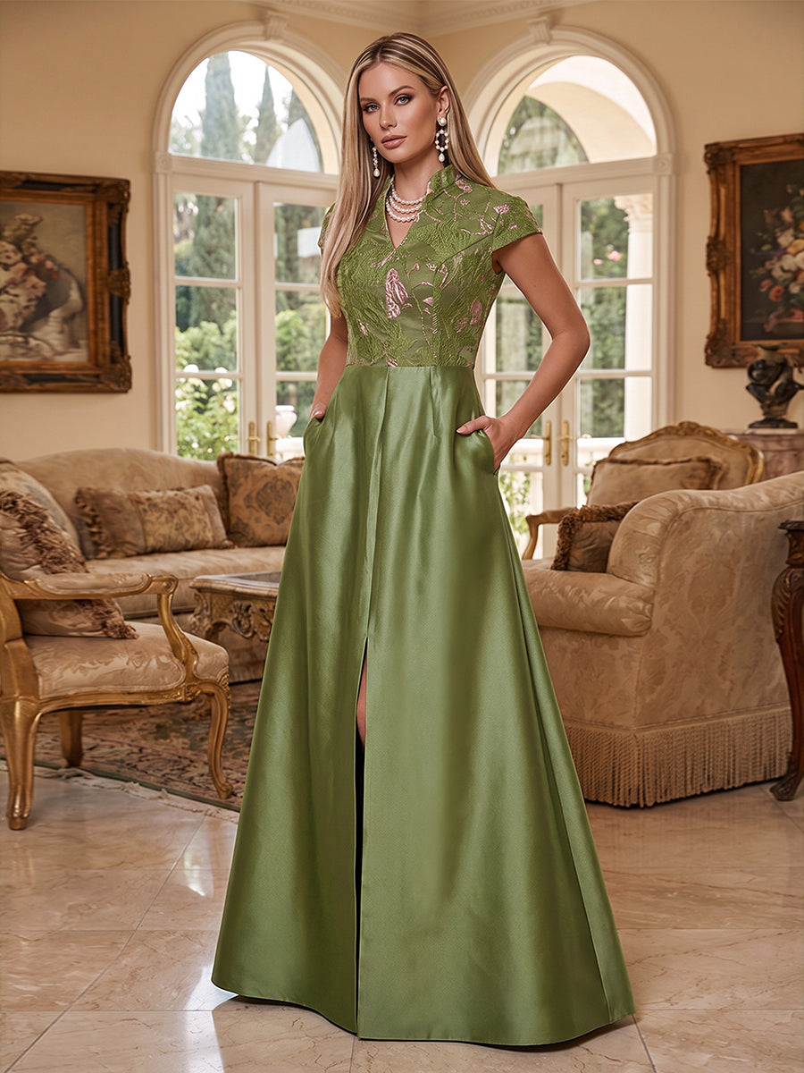 A-Line Satin Floor-Length Mother of the Bride & Groom Dresses V-Neck Evening Gowns with Floral Jacquard Bodice & Slit