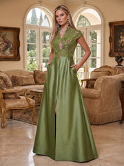 A-Line Satin Floor-Length Mother of the Bride & Groom Dresses V-Neck Evening Gowns with Floral Jacquard Bodice & Slit