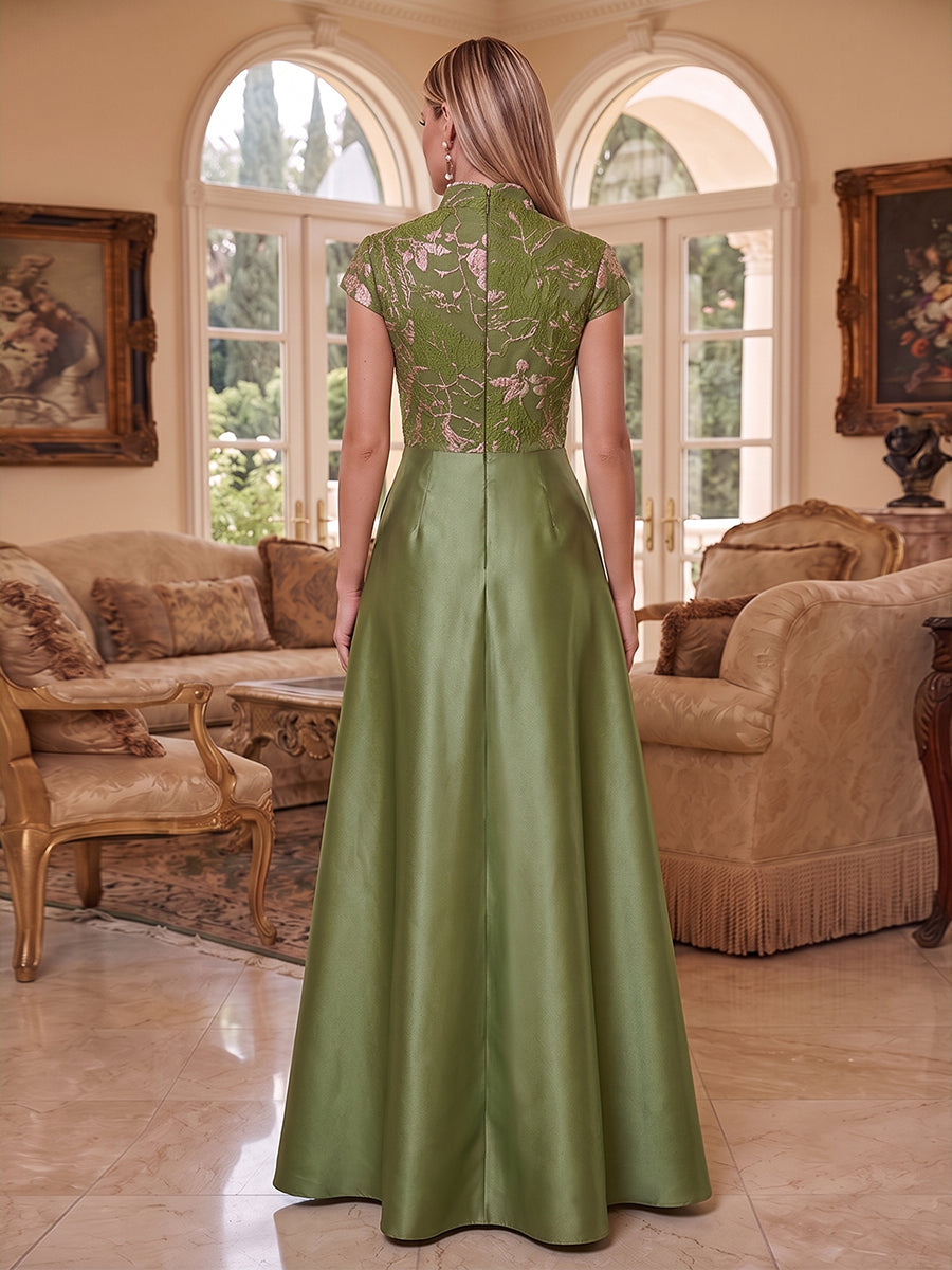 A-Line Satin Floor-Length Mother of the Bride & Groom Dresses V-Neck Evening Gowns with Floral Jacquard Bodice & Slit