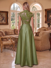 A-Line Satin Floor-Length Mother of the Bride & Groom Dresses V-Neck Evening Gowns with Floral Jacquard Bodice & Slit