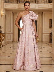 A-Line Metallic Jacquard Mother of the Bride & Groom Dresses Floor-Length Evening Gowns with One Shoulder Bow & Pockets