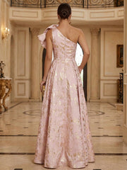 A-Line Metallic Jacquard Mother of the Bride & Groom Dresses Floor-Length Evening Gowns with One Shoulder Bow & Pockets