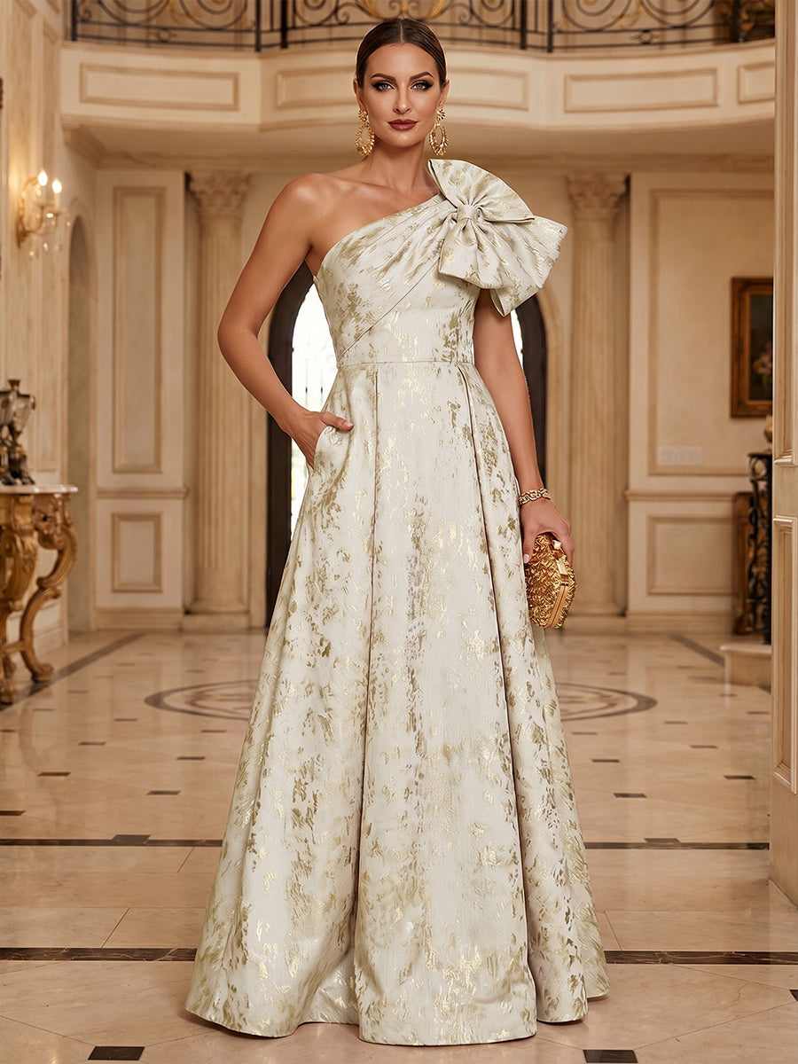 A-Line Metallic Jacquard Mother of the Bride & Groom Dresses Floor-Length Evening Gowns with One Shoulder Bow & Pockets