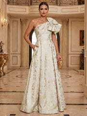 A-Line Metallic Jacquard Mother of the Bride & Groom Dresses Floor-Length Evening Gowns with One Shoulder Bow & Pockets