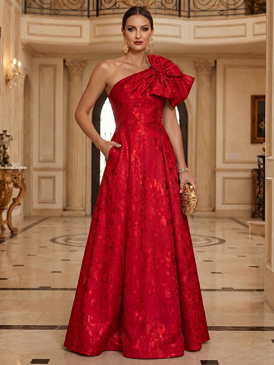 A-Line Metallic Jacquard Mother of the Bride & Groom Dresses Floor-Length Evening Gowns with One Shoulder Bow & Pockets