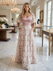 A-Line Puff Sleeves Floor-Length Mother of the Bride & Groom Dresses with Floral Beaded Sequin Embroidered & Sweetheart Corset Bodice