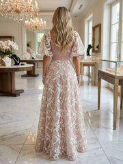 A-Line Puff Sleeves Floor-Length Mother of the Bride & Groom Dresses with Floral Beaded Sequin Embroidered & Sweetheart Corset Bodice