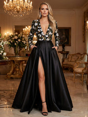 A-Line Satin Floor-Length Long Sleeves Mother of the Bride & Groom Dresses with Floral Sequin Bodice & High Slit