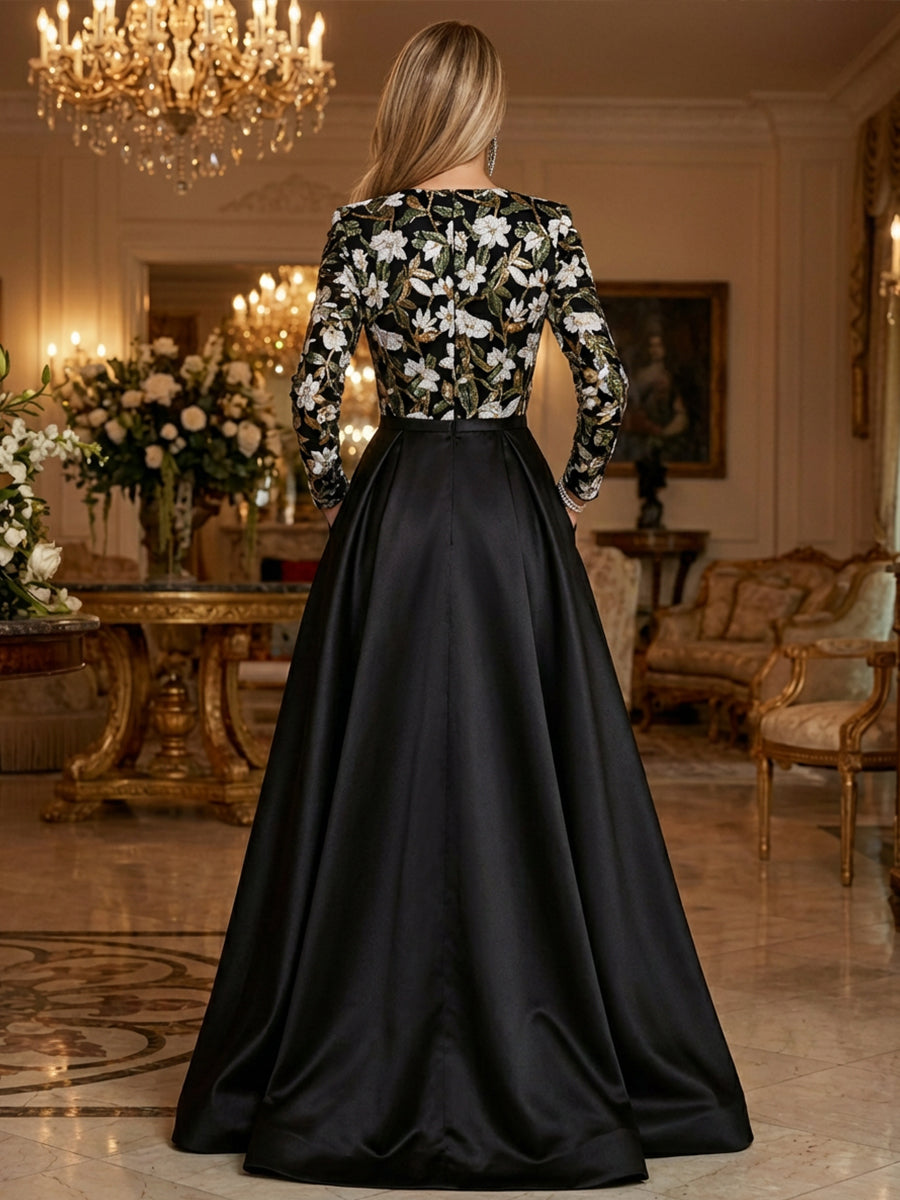 A-Line Satin Floor-Length Long Sleeves Mother of the Bride & Groom Dresses with Floral Sequin Bodice & High Slit