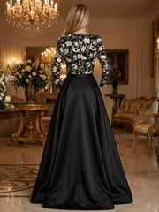 A-Line Satin Floor-Length Long Sleeves Mother of the Bride & Groom Dresses with Floral Sequin Bodice & High Slit
