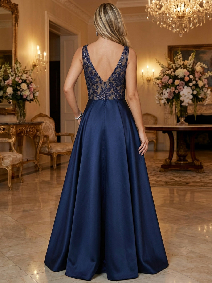 A-Line Satin Floor-Length Mother of the Bride & Groom Dresses with Floral Sequin Bodice & Pockets