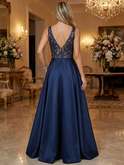 A-Line Satin Floor-Length Mother of the Bride & Groom Dresses with Floral Sequin Bodice & Pockets
