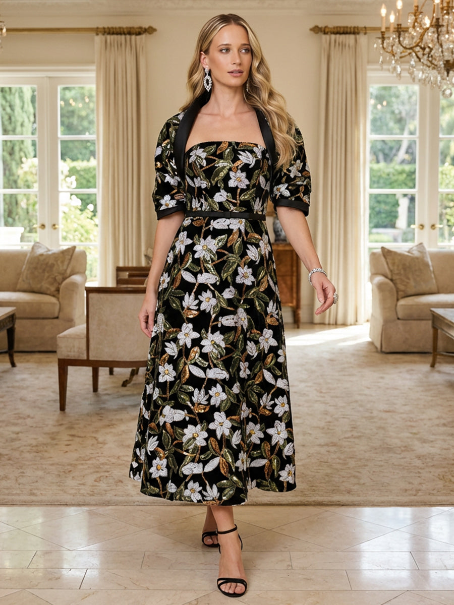 A-Line Tea-Length Floral Jacquard Mother of the Bride & Groom Dresses with Puff Sleeves