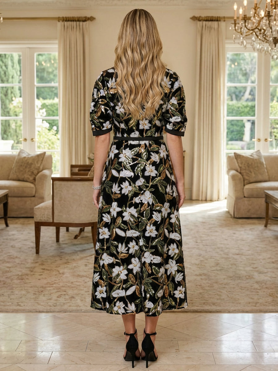 A-Line Tea-Length Floral Jacquard Mother of the Bride & Groom Dresses with Puff Sleeves