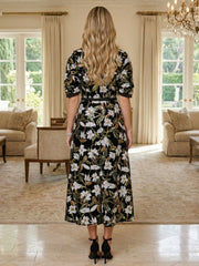 A-Line Tea-Length Floral Jacquard Mother of the Bride & Groom Dresses with Puff Sleeves