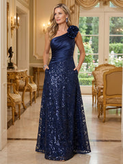 A-Line Floral Lace Sequin Floor-Length Mother of the Bride & Groom Dresses with Ruched Satin Bodice & One Shoulder 3D Floral Applique