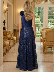A-Line Floral Lace Sequin Floor-Length Mother of the Bride & Groom Dresses with Ruched Satin Bodice & One Shoulder 3D Floral Applique