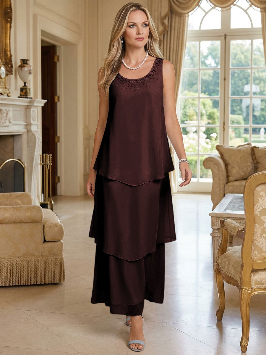 A-Line Chiffon Tea Length Layered Mother of the Bride & Groom Dresses
