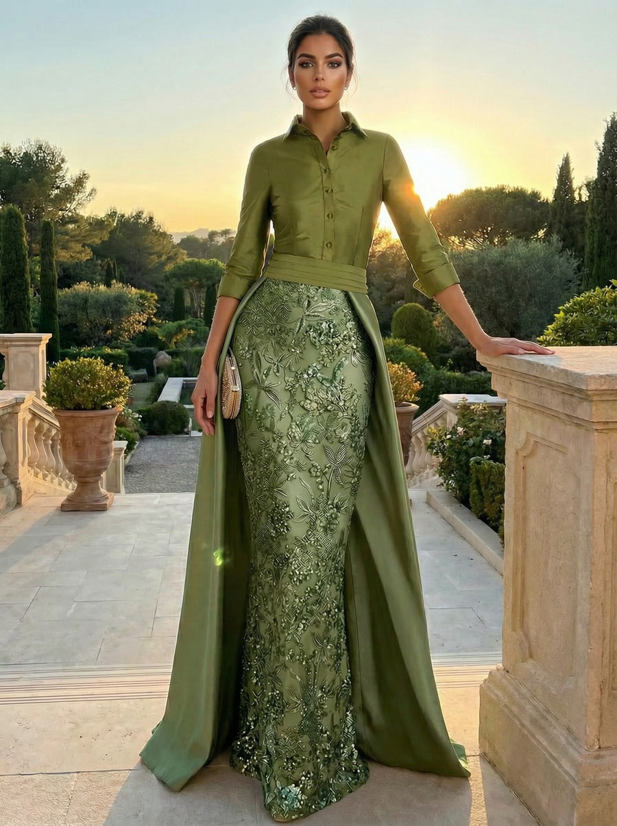 3/4 Sleeve Appliques Satin Mother of the Bride Dresses