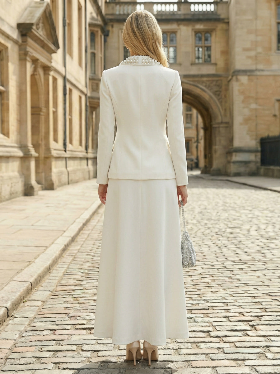 2 Piece Tailored Suit A-Line Casual Blazer Outfit Long with Pearls