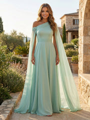 A-Line Chiffon Draped Cape Sleeves Floor-Length Mother of the Bride & Groom Dresses with Sweep Train