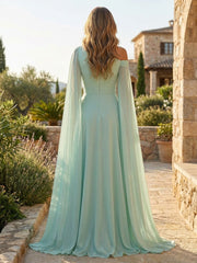 A-Line Chiffon Draped Cape Sleeves Floor-Length Mother of the Bride & Groom Dresses with Sweep Train