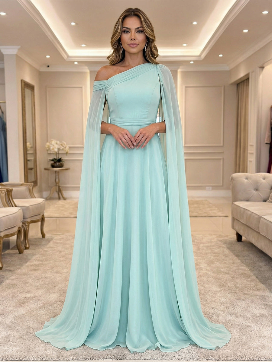 A-Line Chiffon Draped Cape Sleeves Floor-Length Mother of the Bride & Groom Dresses with Sweep Train