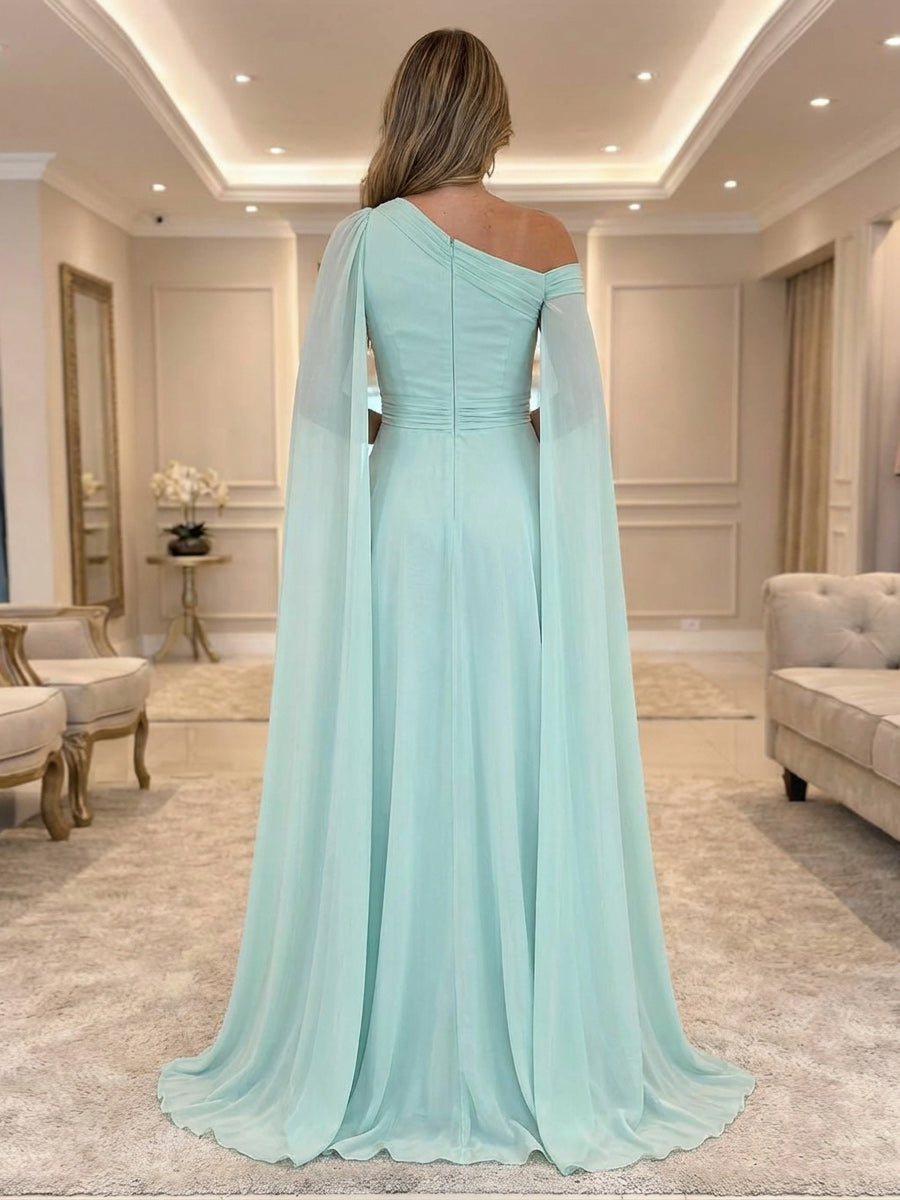 A-Line Chiffon Draped Cape Sleeves Floor-Length Mother of the Bride & Groom Dresses with Sweep Train