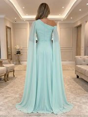 A-Line Chiffon Draped Cape Sleeves Floor-Length Mother of the Bride & Groom Dresses with Sweep Train