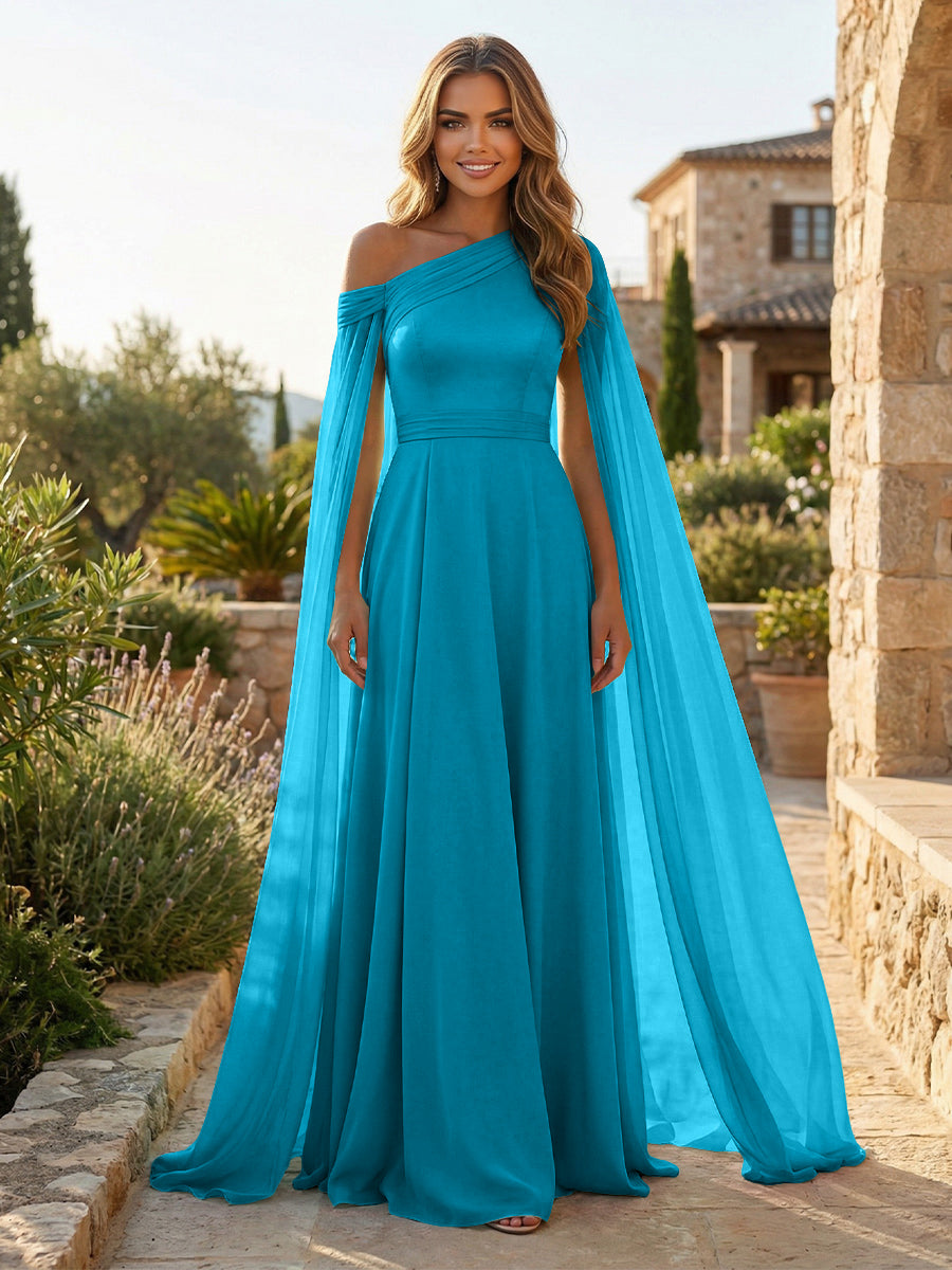 A-Line Chiffon Draped Cape Sleeves Floor-Length Mother of the Bride & Groom Dresses with Sweep Train