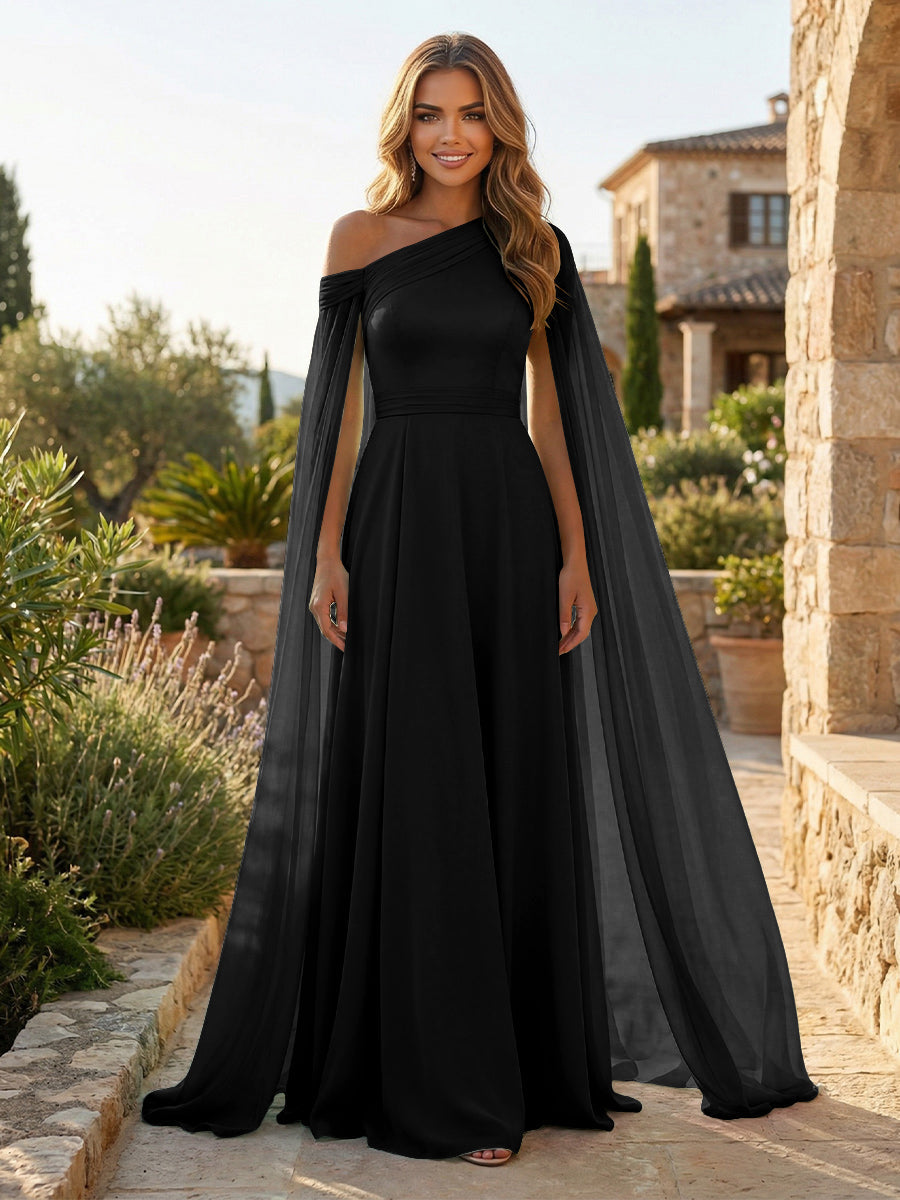 A-Line Chiffon Draped Cape Sleeves Floor-Length Mother of the Bride & Groom Dresses with Sweep Train