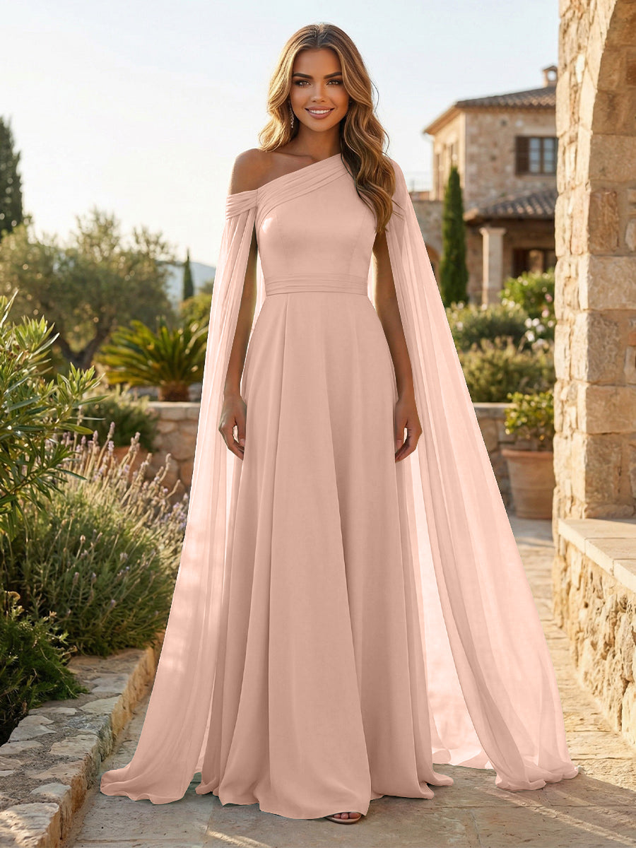 A-Line Chiffon Draped Cape Sleeves Floor-Length Mother of the Bride & Groom Dresses with Sweep Train