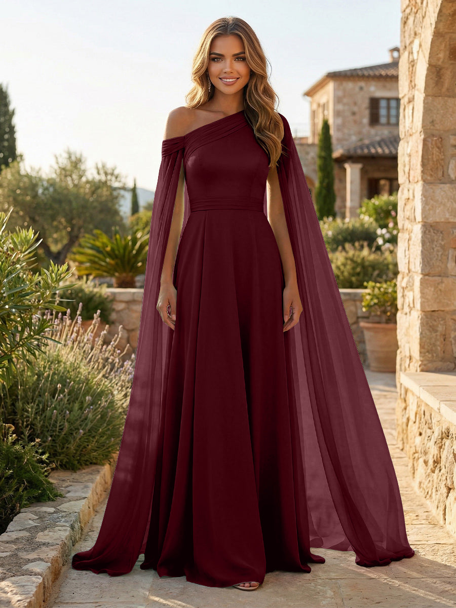 A-Line Chiffon Draped Cape Sleeves Floor-Length Mother of the Bride & Groom Dresses with Sweep Train