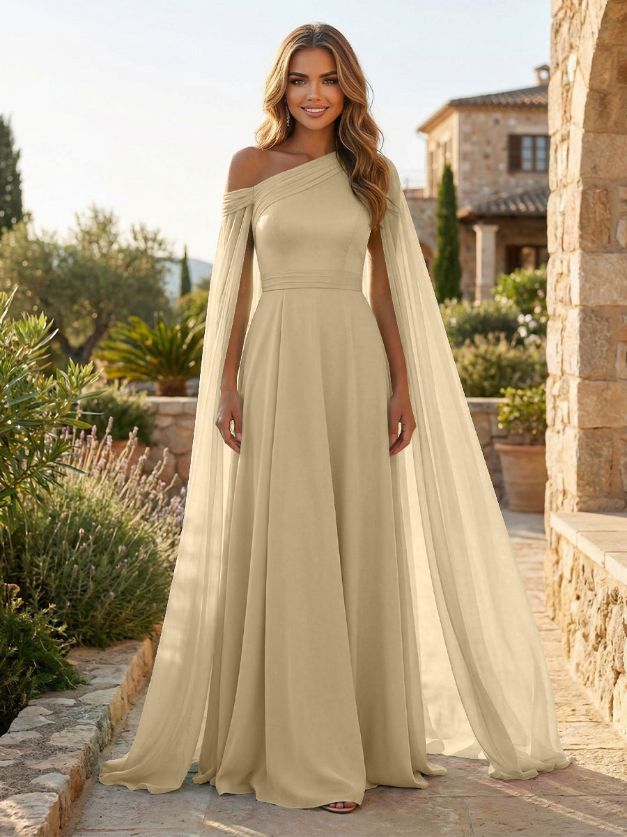 A-Line Chiffon Draped Cape Sleeves Floor-Length Mother of the Bride & Groom Dresses with Sweep Train