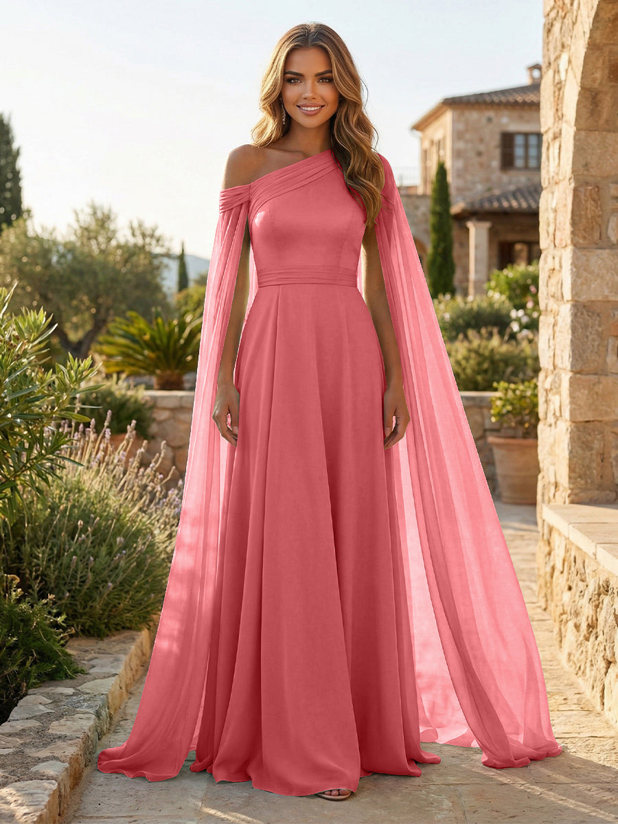 A-Line Chiffon Draped Cape Sleeves Floor-Length Mother of the Bride & Groom Dresses with Sweep Train