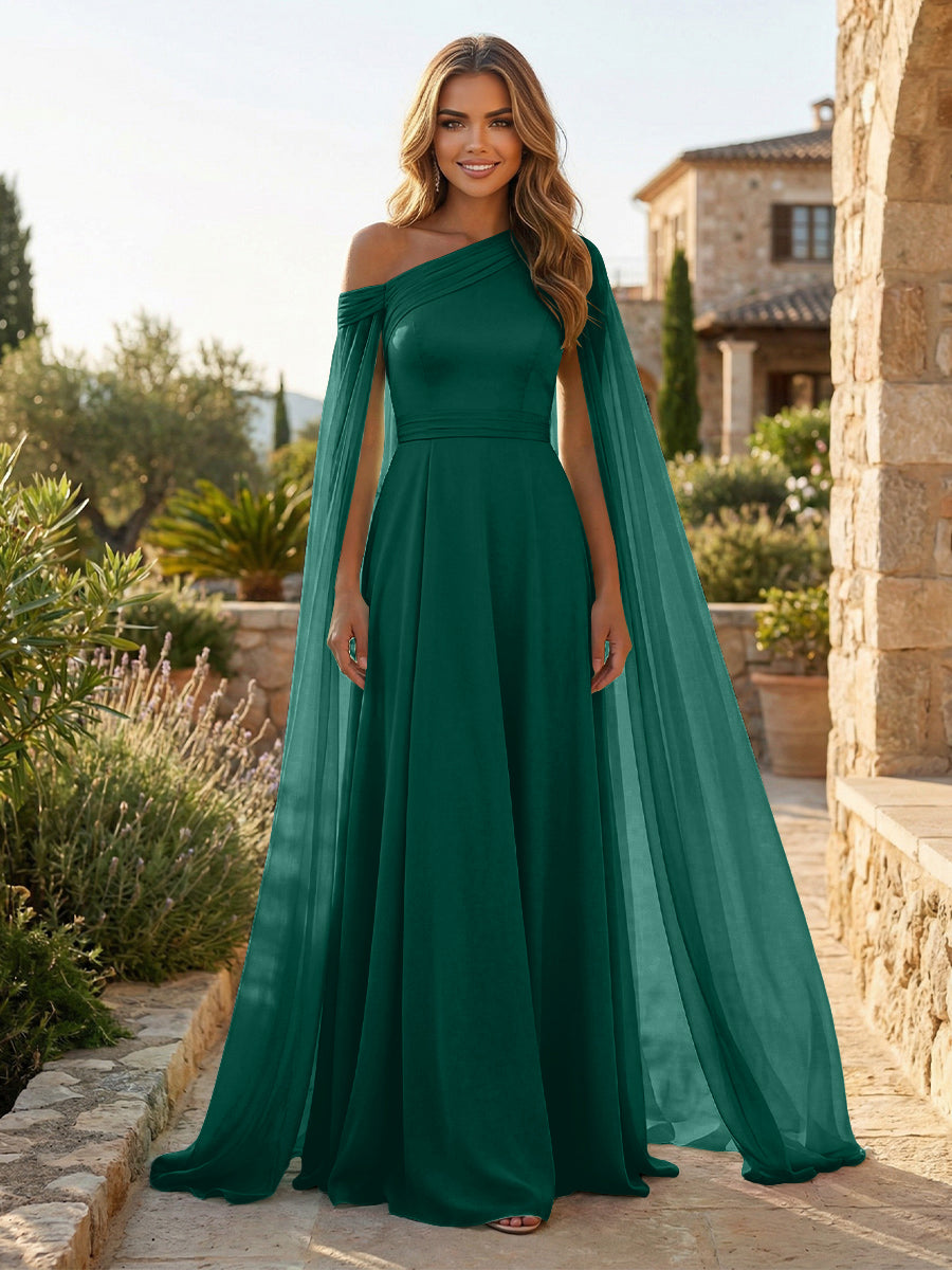 A-Line Chiffon Draped Cape Sleeves Floor-Length Mother of the Bride & Groom Dresses with Sweep Train