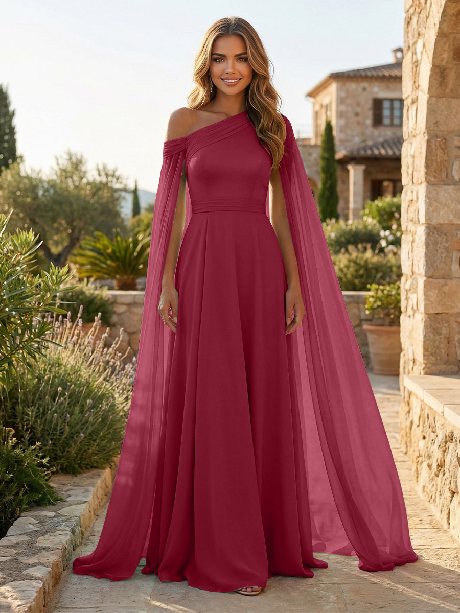 A-Line Chiffon Draped Cape Sleeves Floor-Length Mother of the Bride & Groom Dresses with Sweep Train