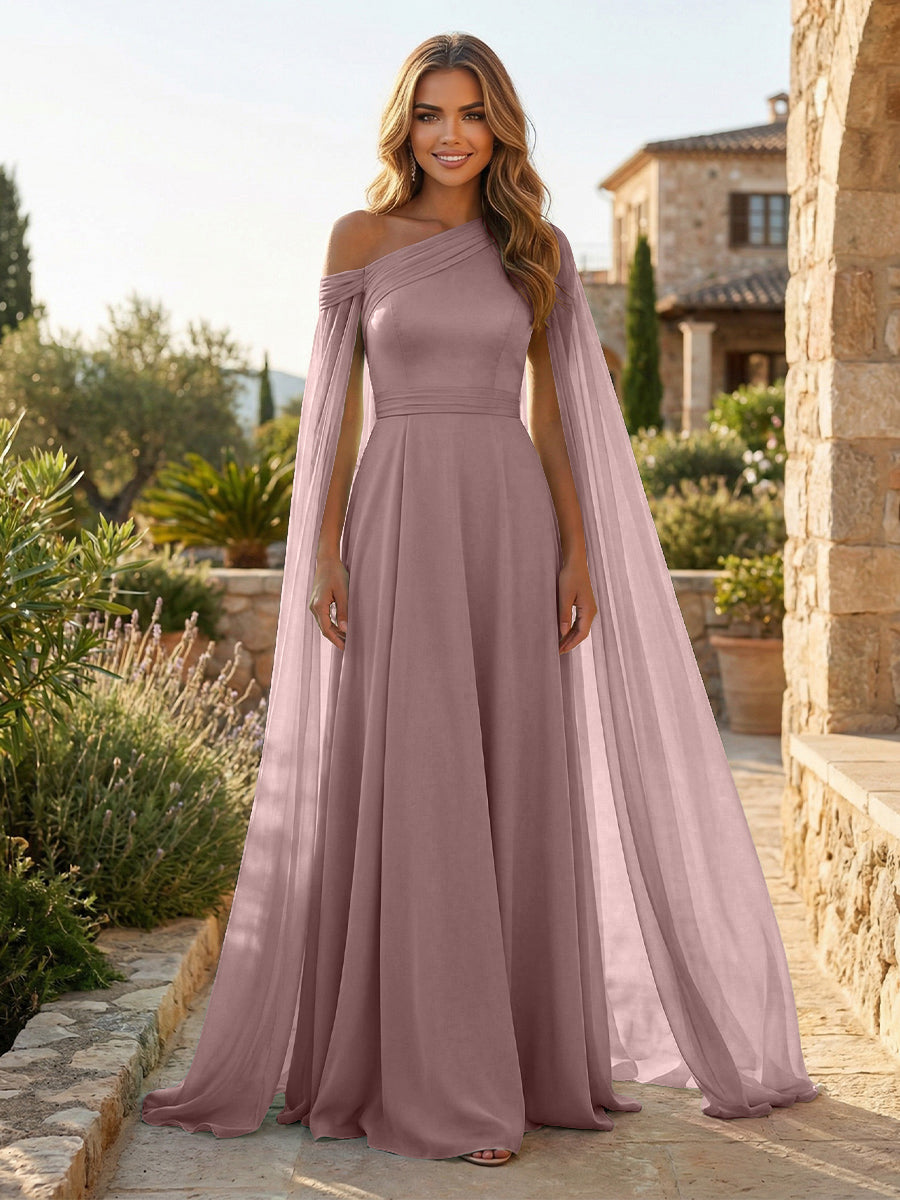 A-Line Chiffon Draped Cape Sleeves Floor-Length Mother of the Bride & Groom Dresses with Sweep Train