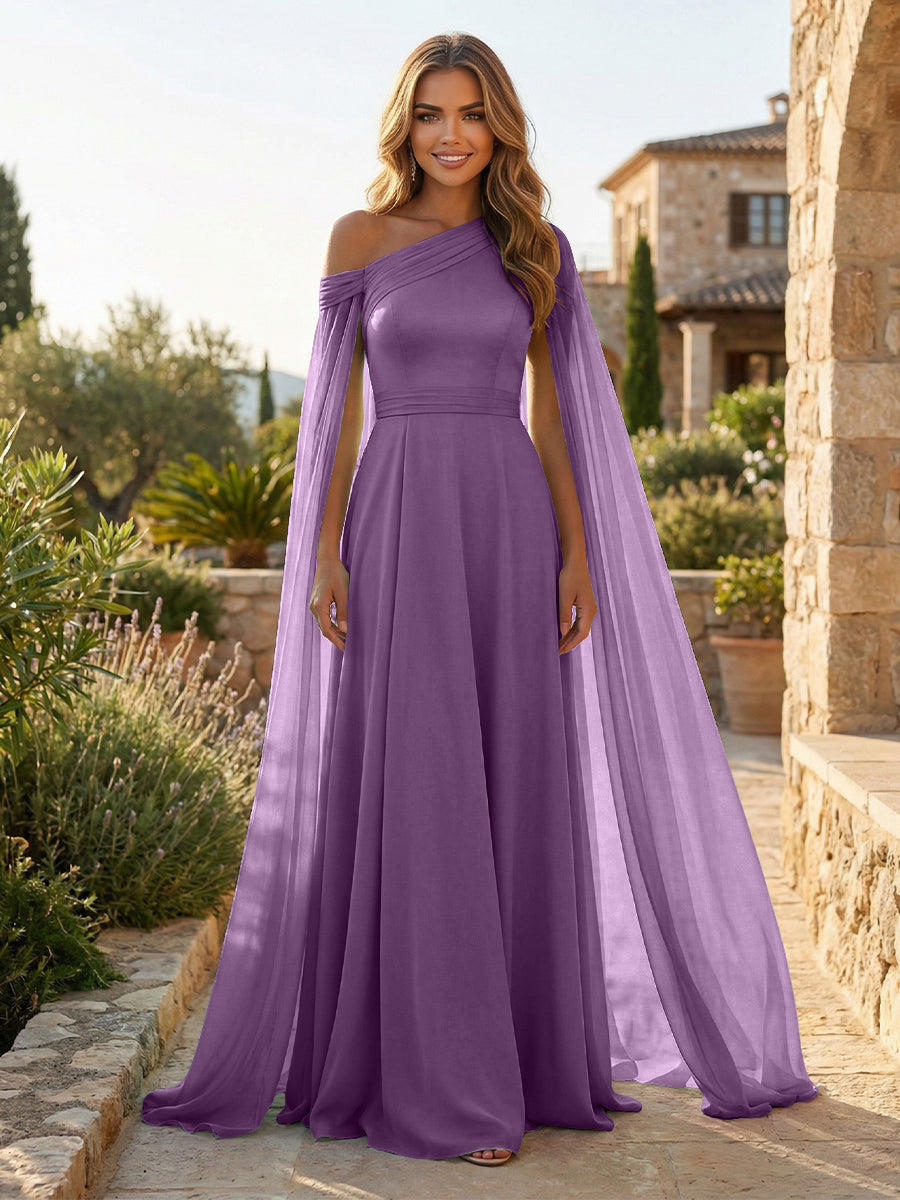 A-Line Chiffon Draped Cape Sleeves Floor-Length Mother of the Bride & Groom Dresses with Sweep Train