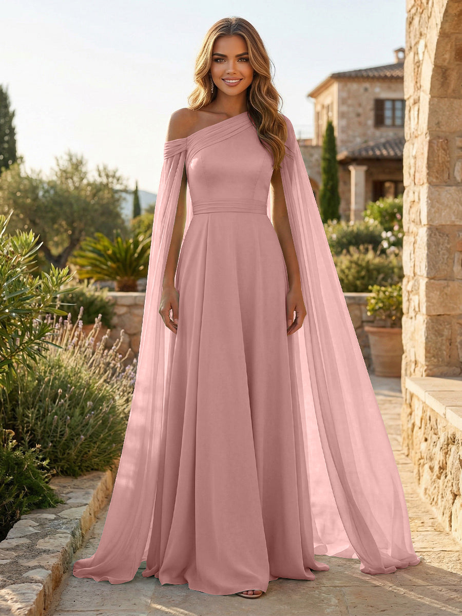 A-Line Chiffon Draped Cape Sleeves Floor-Length Mother of the Bride & Groom Dresses with Sweep Train