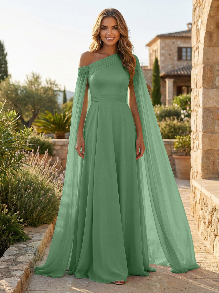 A-Line Chiffon Draped Cape Sleeves Floor-Length Mother of the Bride & Groom Dresses with Sweep Train
