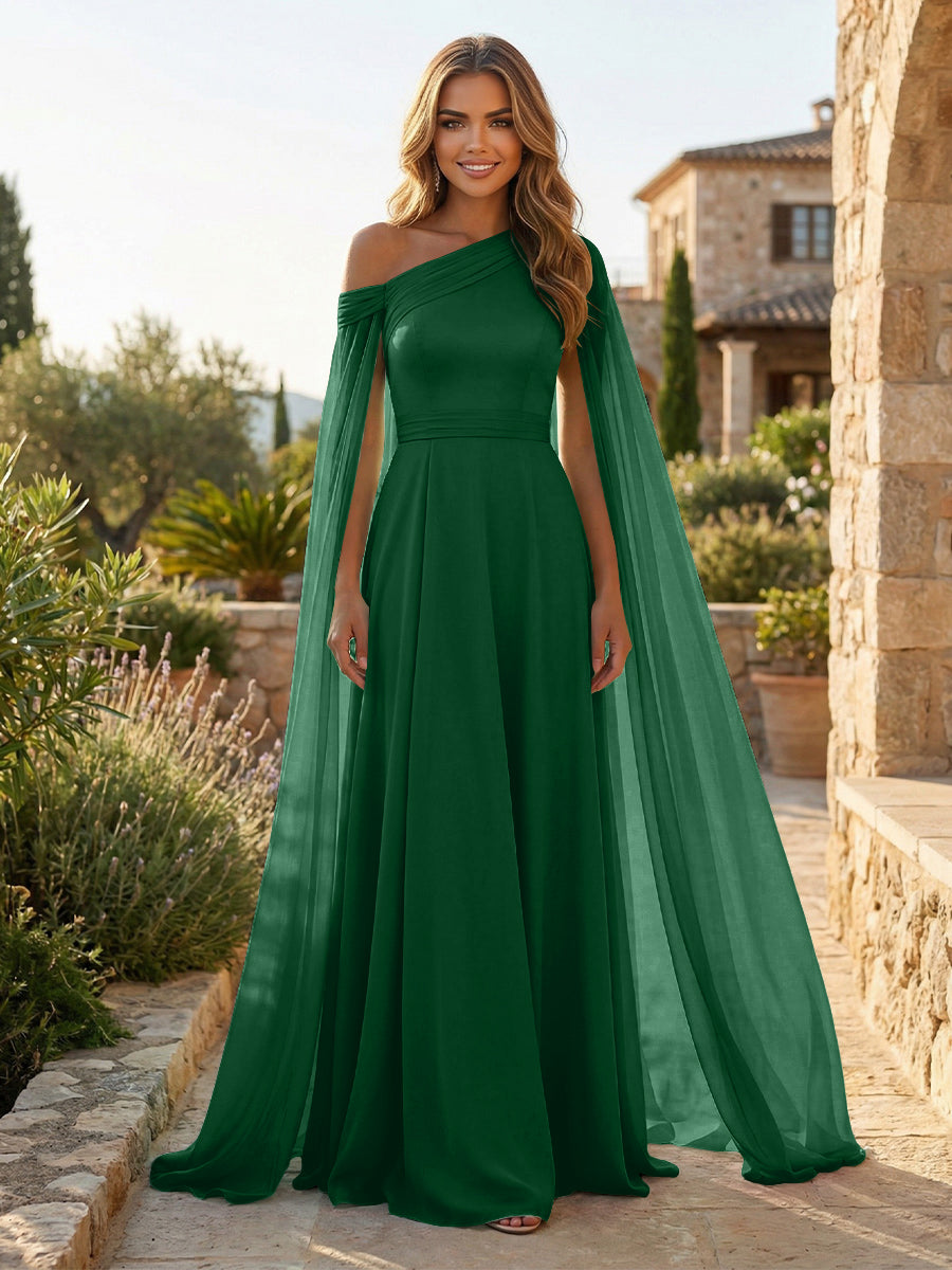 A-Line Chiffon Draped Cape Sleeves Floor-Length Mother of the Bride & Groom Dresses with Sweep Train