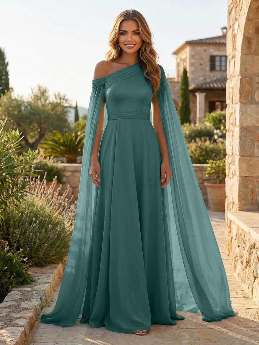 A-Line Chiffon Draped Cape Sleeves Floor-Length Mother of the Bride & Groom Dresses with Sweep Train