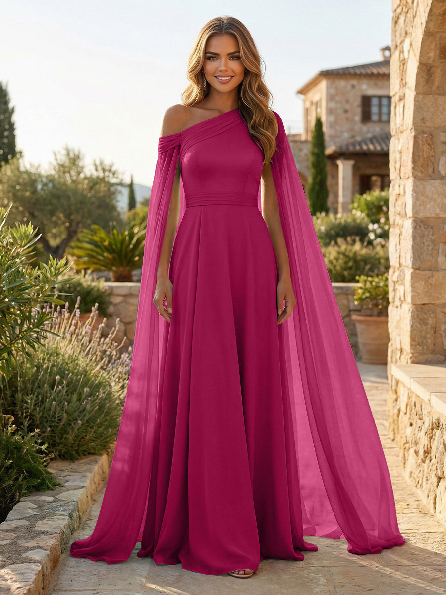 A-Line Chiffon Draped Cape Sleeves Floor-Length Mother of the Bride & Groom Dresses with Sweep Train