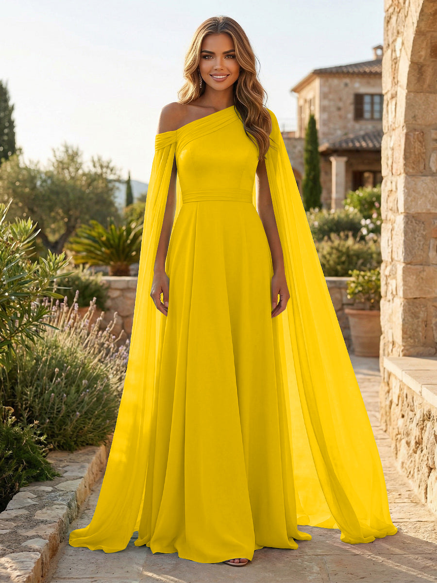 A-Line Chiffon Draped Cape Sleeves Floor-Length Mother of the Bride & Groom Dresses with Sweep Train