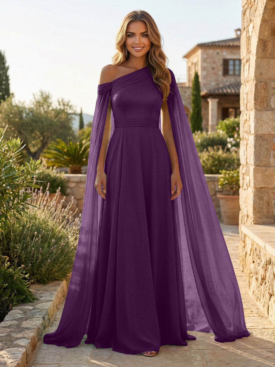 A-Line Chiffon Draped Cape Sleeves Floor-Length Mother of the Bride & Groom Dresses with Sweep Train