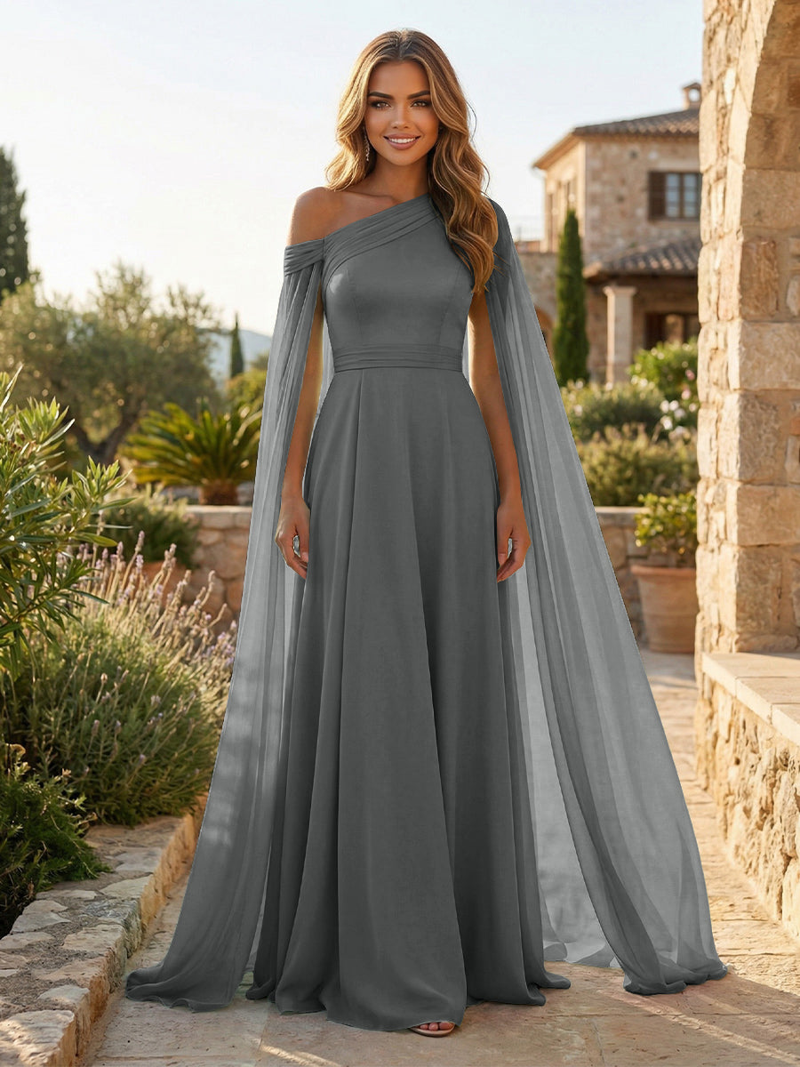 A-Line Chiffon Draped Cape Sleeves Floor-Length Mother of the Bride & Groom Dresses with Sweep Train
