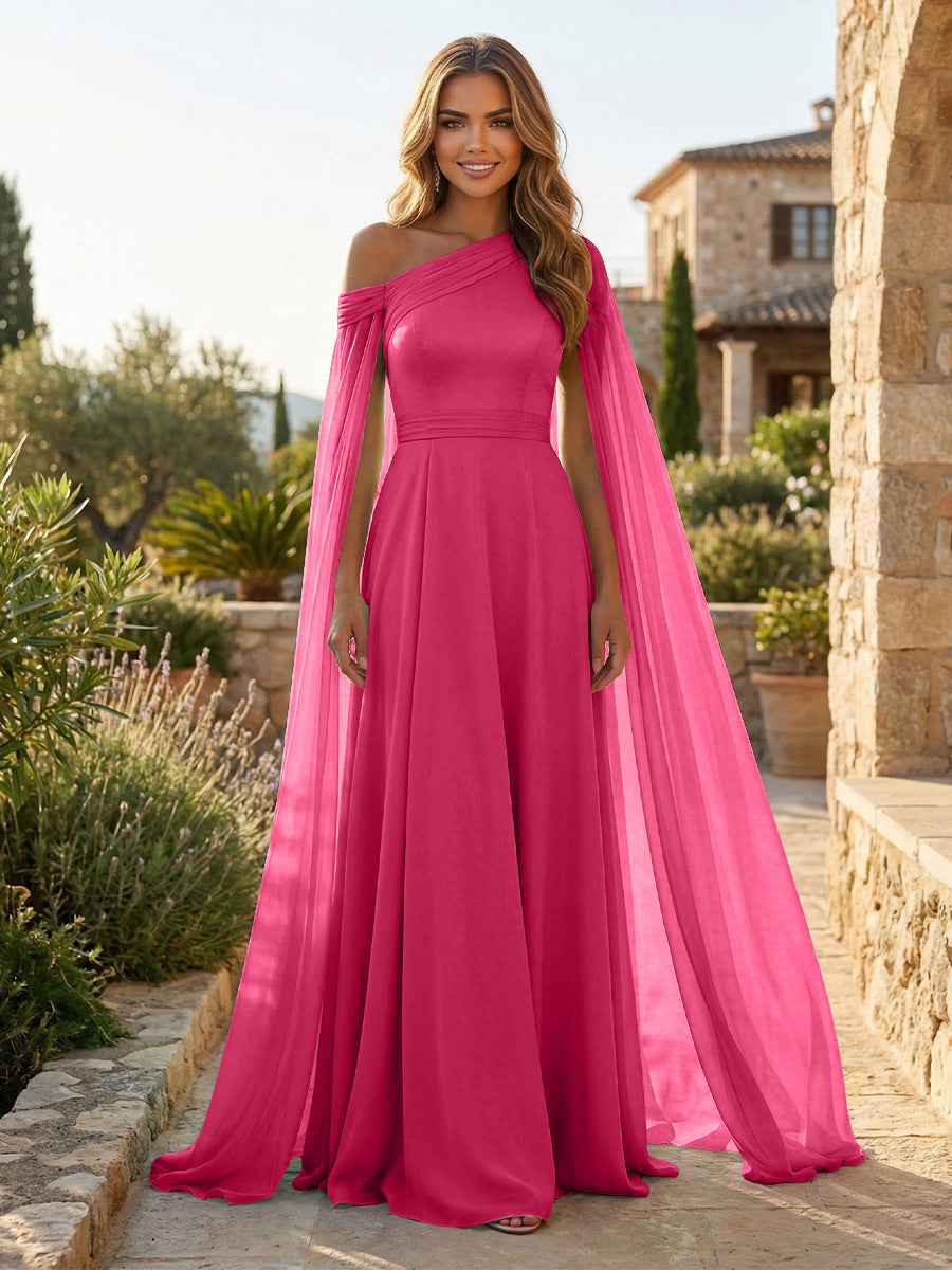 A-Line Chiffon Draped Cape Sleeves Floor-Length Mother of the Bride & Groom Dresses with Sweep Train